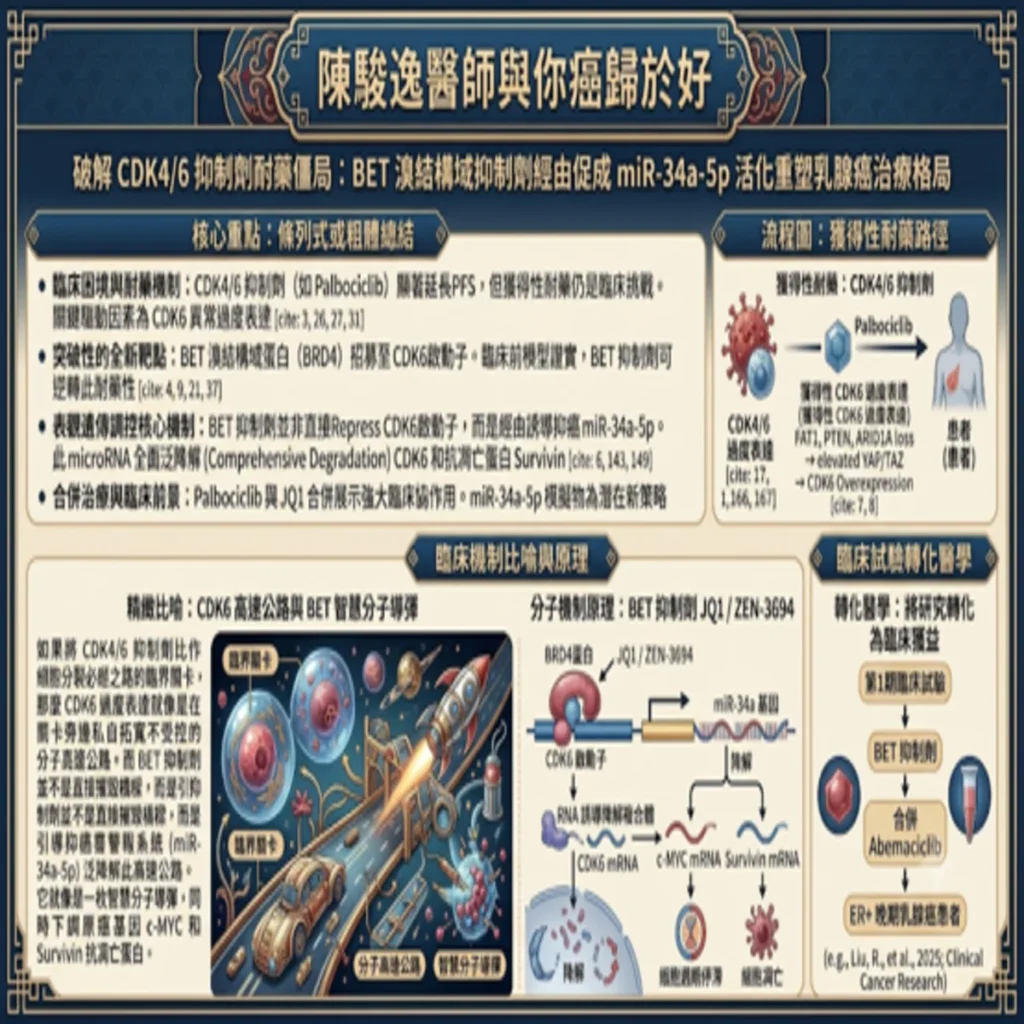 打破 CDK4/6 抑制劑抗藥僵局:表關遺傳藥物之BET抑制劑經由促成 miR-34a-5p 活化重塑乳癌治療的格局 2 0001 2 1