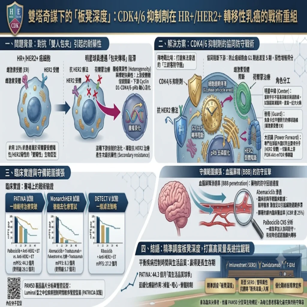 雙塔奇謀下的「板凳深度」:CDK4/6 抑制劑在荷爾蒙受體陽性/HER2陽性轉移性乳癌的戰術重組 2 0009 16 1