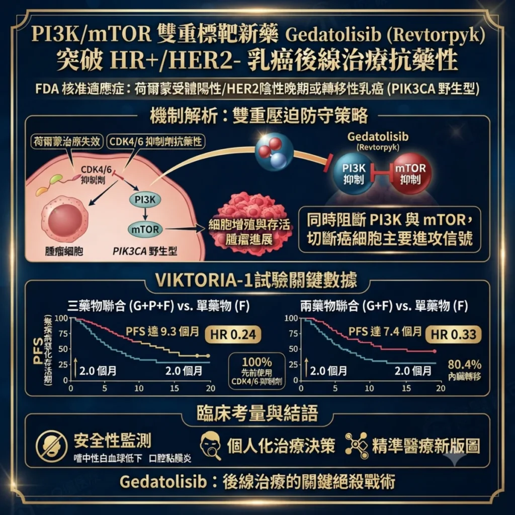 荷爾蒙受體陽性/HER2陰性乳癌針對後線治療有抗藥性患者 PI3K/mTOR雙重標靶藥物gedatolisib(商品名Revtorpyk)有看頭 2 0010 19 1