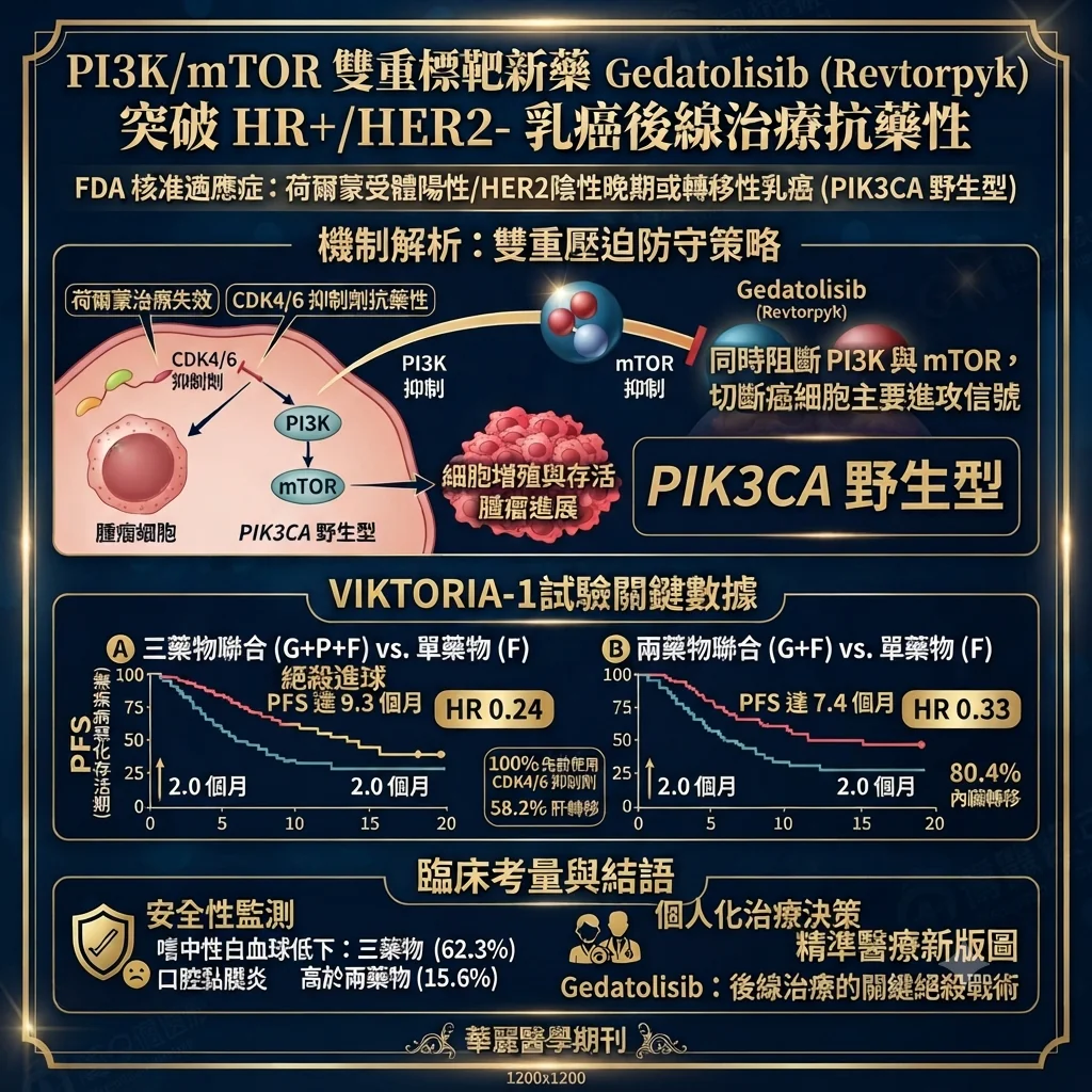 荷爾蒙受體陽性/HER2陰性乳癌針對後線治療有抗藥性患者 PI3K/mTOR雙重標靶藥物gedatolisib(商品名Revtorpyk)有看頭 3 0010 21