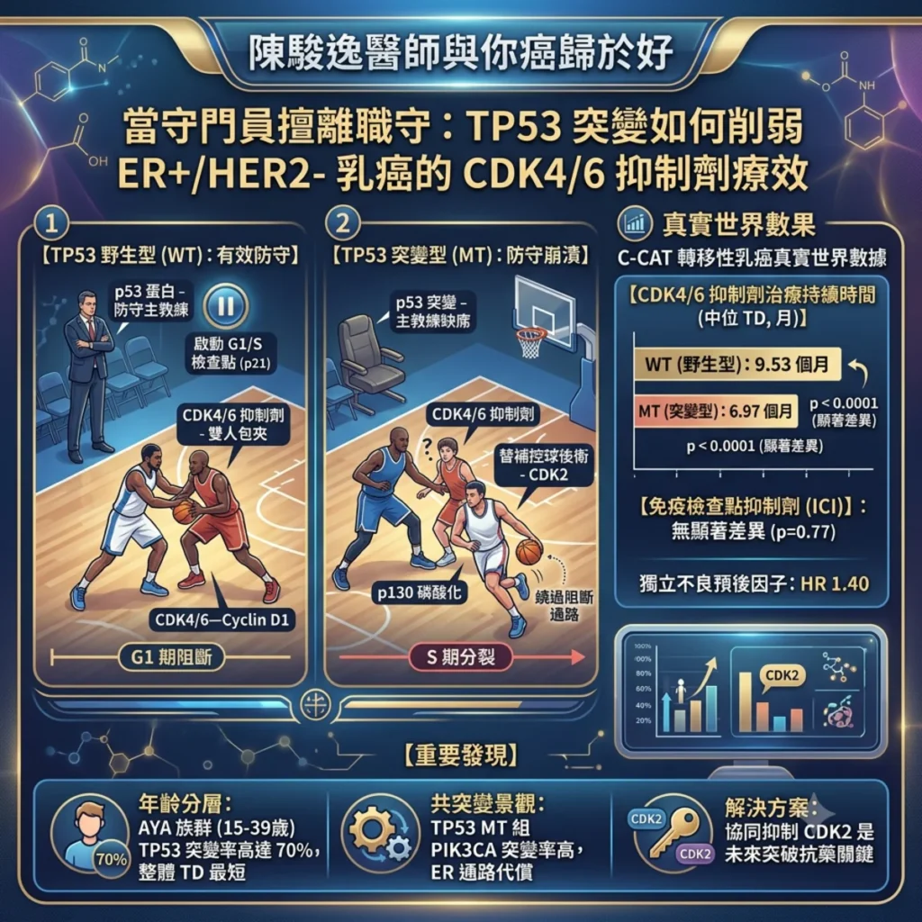 當守門員擅離職守:從 C-CAT 與 METABRIC 真實世界數據看 TP53 突變如何削弱 荷爾蒙受體陽性/HER2陰性之乳癌的 CDK4/6 抑制劑療效 2 0010 22 1