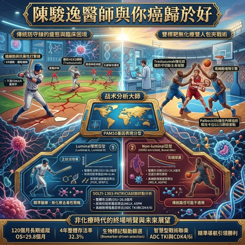 雙劍合璧的無化療球賽:從 SOLTI-1303-PATRICIA 終點分析看荷爾蒙受體陽性/HER2陽性之轉移性乳癌的基因體戰術調度 2 0012 8