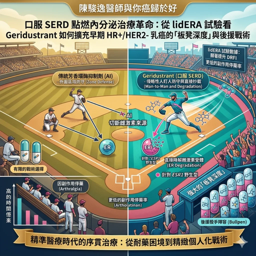 口服 SERD 點燃內分泌治療革命:從 lidERA 試驗看Giredestrant如何擴充早期荷爾蒙受體陽性/HER陰性乳癌的「板凳深度」與後援戰術 2 0018 4