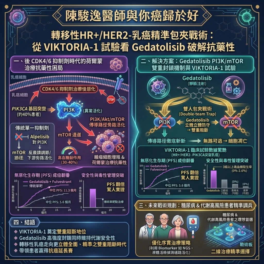 轉移性荷爾蒙受體陽性/HER陰性乳癌的精準包夾戰術:從 VIKTORIA-1 試驗看Gedatolisib如何透過 PI3K/mTOR 雙重封鎖破解後 CDK4/6 抑制劑的荷爾蒙治療抗藥性困局 2 0018 5