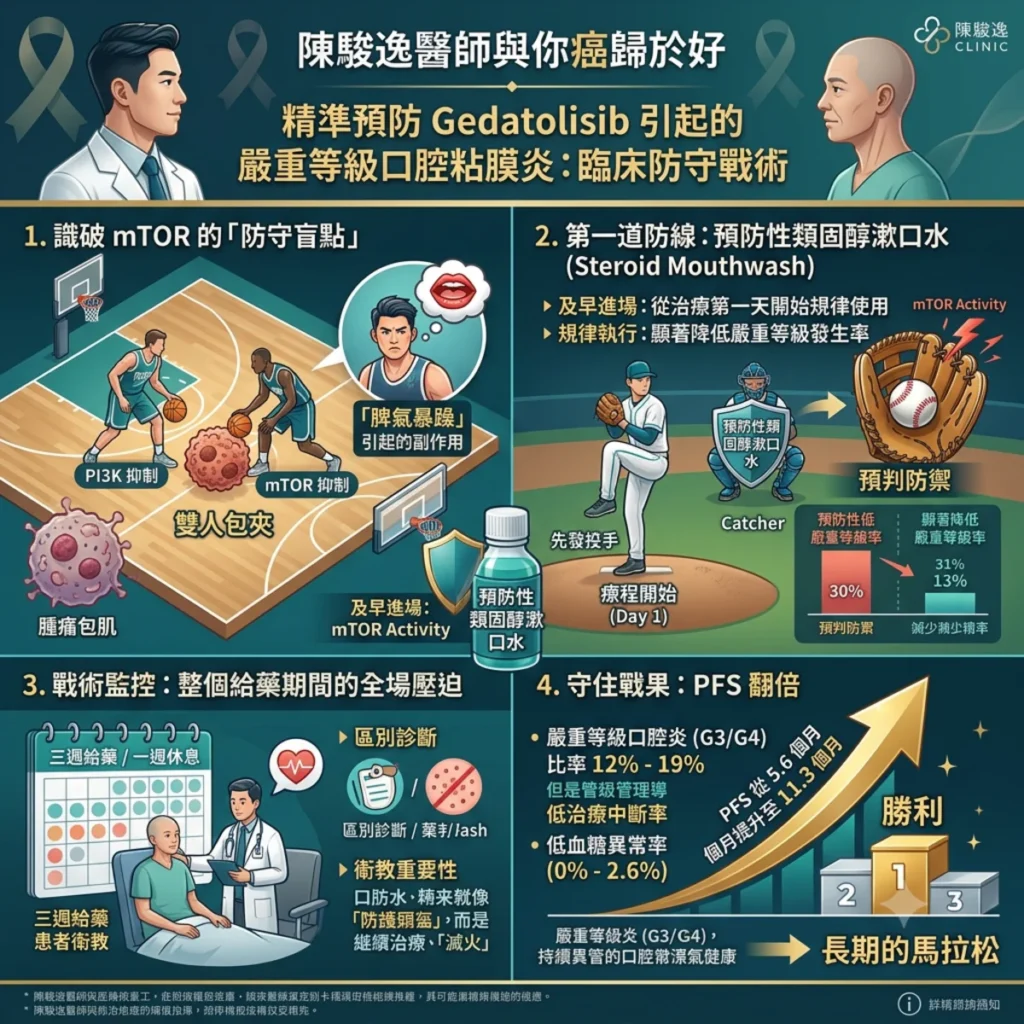 如何預防 Gedatolisib 引起的嚴重等級的口腔粘膜炎? 2 0018 8