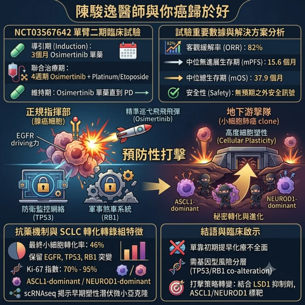 預防性打擊的困境與曙光:從 NCT03567642 試驗探討 EGFR/TP53/RB1 三重突變肺腺癌的小細胞轉化機制與治療策略 2 0019 15