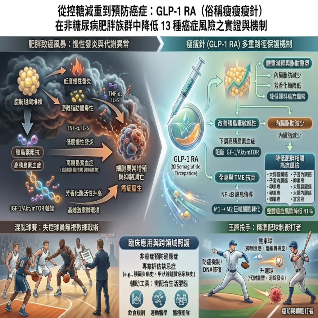 腫瘤科醫師觀點 從控糖減重到預防癌症:GLP-1受體促效劑(俗稱「瘦瘦針」)降低非糖尿病肥胖族群 13 種肥胖相關癌症風險之臨床實證與機制解析 2 0019 47