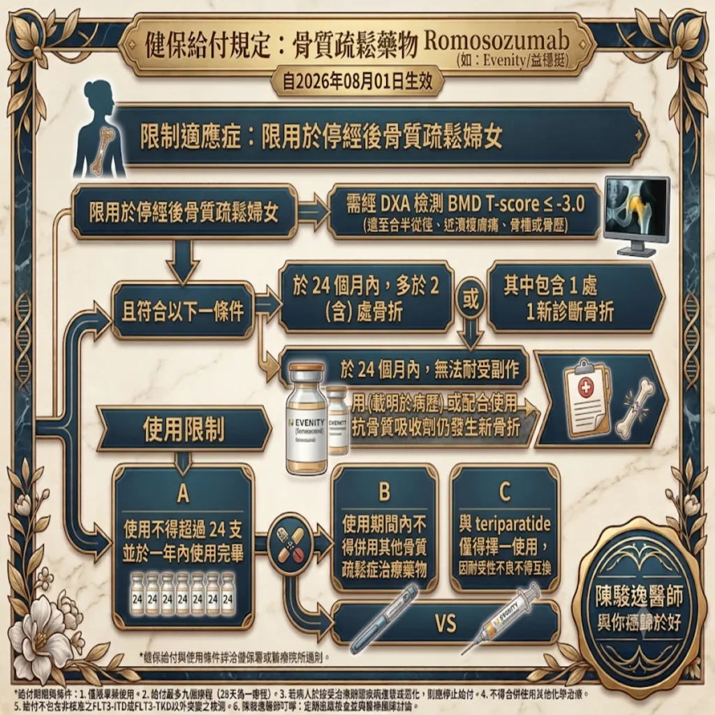 骨質疏鬆藥物Romosozumab(如:Evenity/益穩挺)的健保給付規定:自2026年08月01日生效 2 003 9