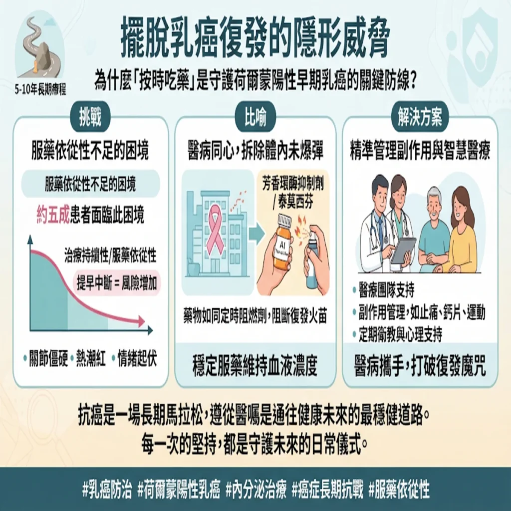 擺脫乳癌復發的隱形威脅:為什麼「按時吃藥」是守護荷爾蒙受體陽性早期乳癌的關鍵防線? 2 00005 37