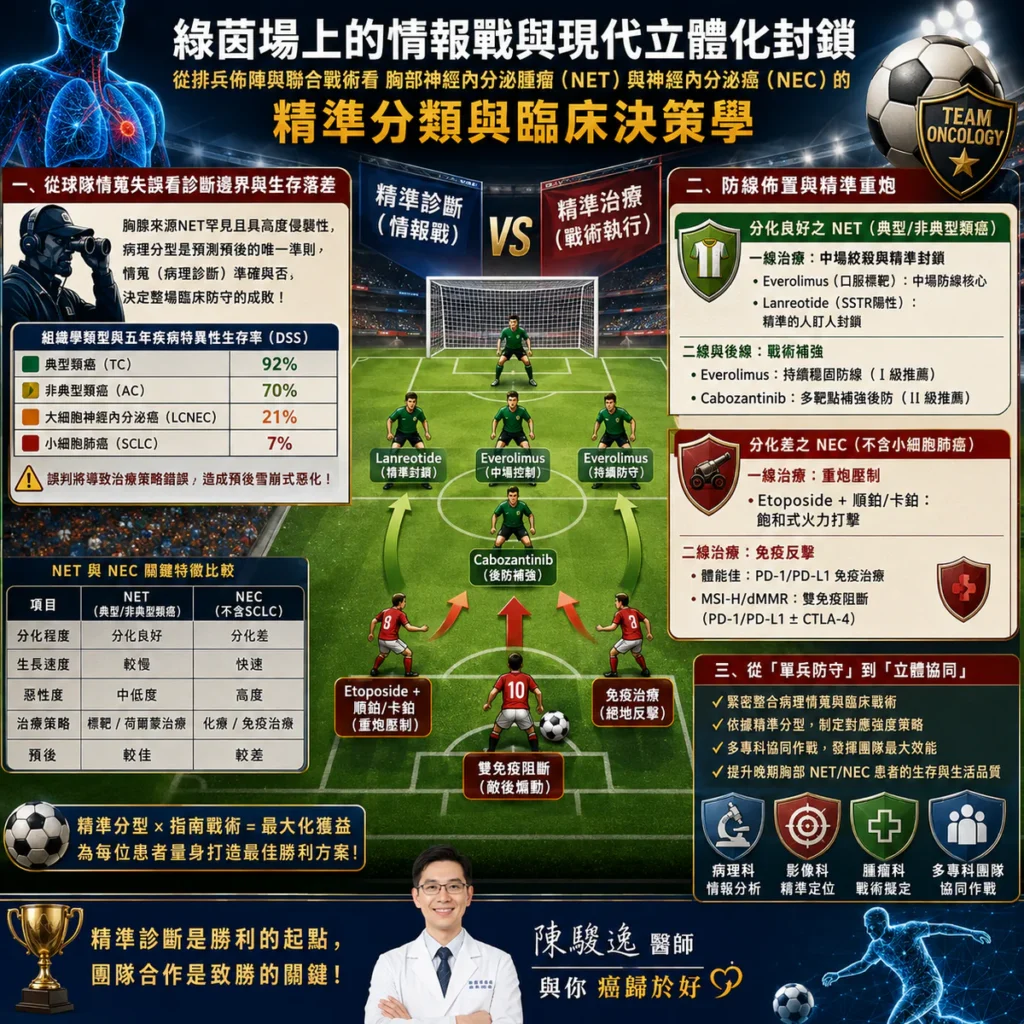 綠茵場上的情報戰與現代立體化封鎖:從排兵佈陣與聯合戰術看胸部神經內分泌腫瘤(NET)與神經內分泌癌(NEC)的精準分類與臨床決策學 2 00005 9