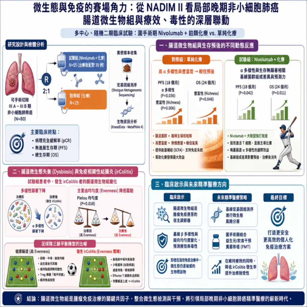 微生態與免疫的賽場角力:從二期臨床試驗NADIM II看局部晚期非小細胞肺癌腸道微生物組與療效、毒性的深層聯動 2 0021 8