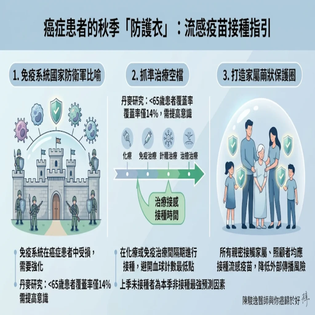 【腫瘤科醫師解密】癌症患者的秋季「防護衣」:從丹麥大型研究看流行性感冒疫苗的施打迷思與實證防線 2 0021 76